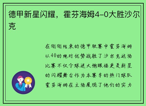 德甲新星闪耀，霍芬海姆4-0大胜沙尔克